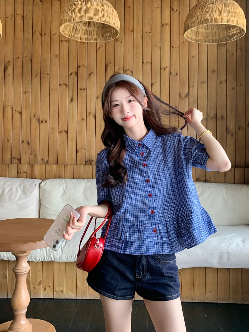 실사 정가 파란색 체크무늬 거품 소매 여성 셔츠 2026 여름 Chic 프릴 셔츠 맨위 쇼트 스타일 상세 이미지 7