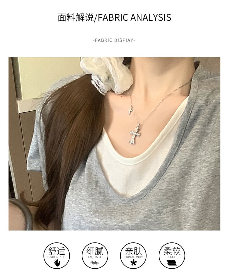 실사 빅 사이즈 여성 의류 200 kg 165 그램 눈꽃 면 반팔 티셔츠 여름 새로운 트렌디 단색 페이크 레이어드 V넥 맨위 상세 이미지 4