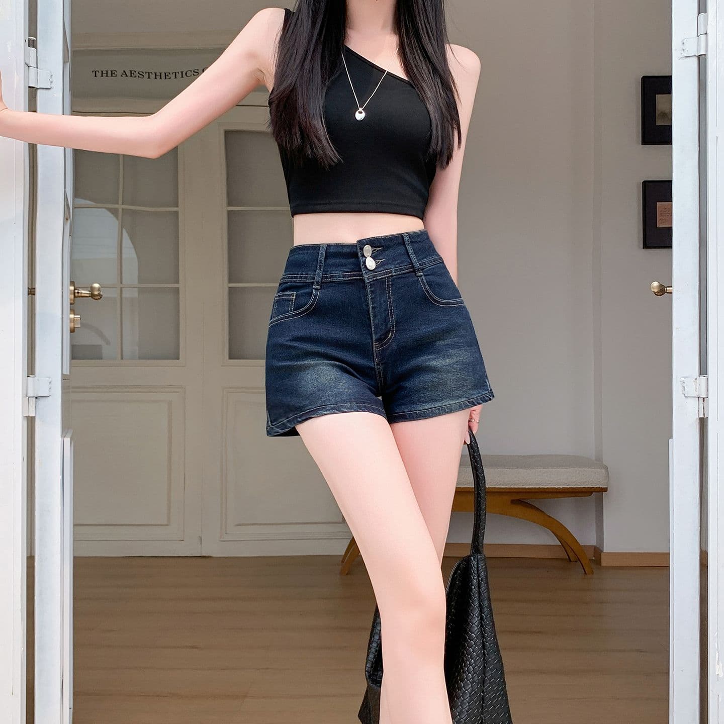 실사 정가 아메리칸 핫걸 로우 웨이스트 펭 넓적 다리 데님 반바지 여성 새로운 레트로 다용도 한 마디 타이트 스커트 뜨거운 바지 상세 이미지 4