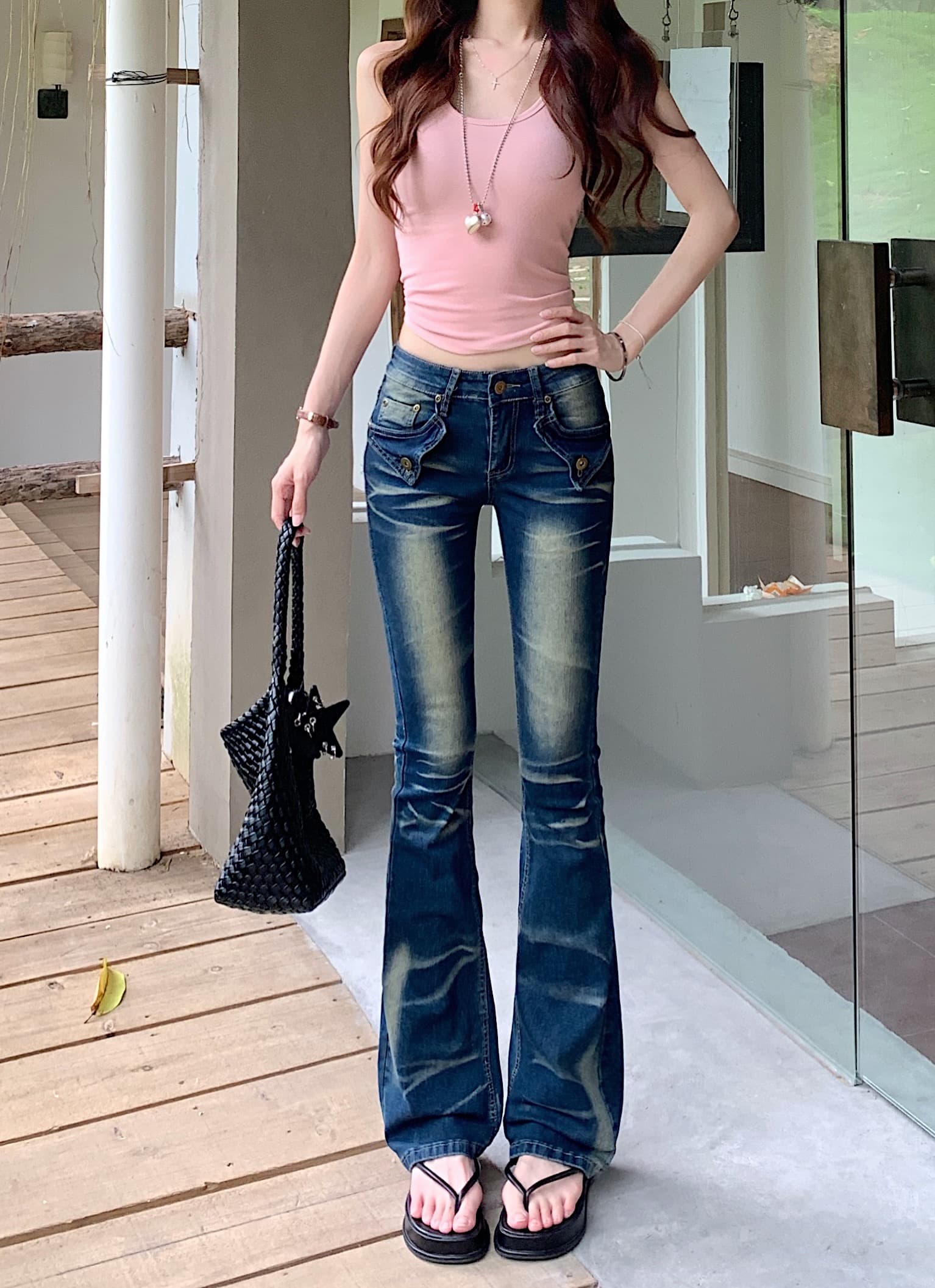 실사 핫걸 vibe 워싱 연삭 화이트 주름 데님 부츠컷 바지 여성 품격 작은 키 로우 웨이스트 나팔 긴 바지 상세 이미지 11