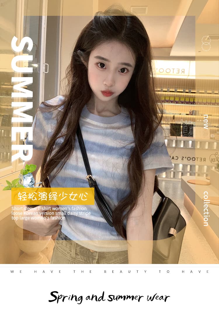 실사 220 그램 원본 원단 스트라이프 반팔 티셔츠 여름 2026 트렌디 긍정적 인 어깨 몸매 가꾸기 쇼트 스타일 라운드 넥 맨위 여성 의류 상세 이미지 1