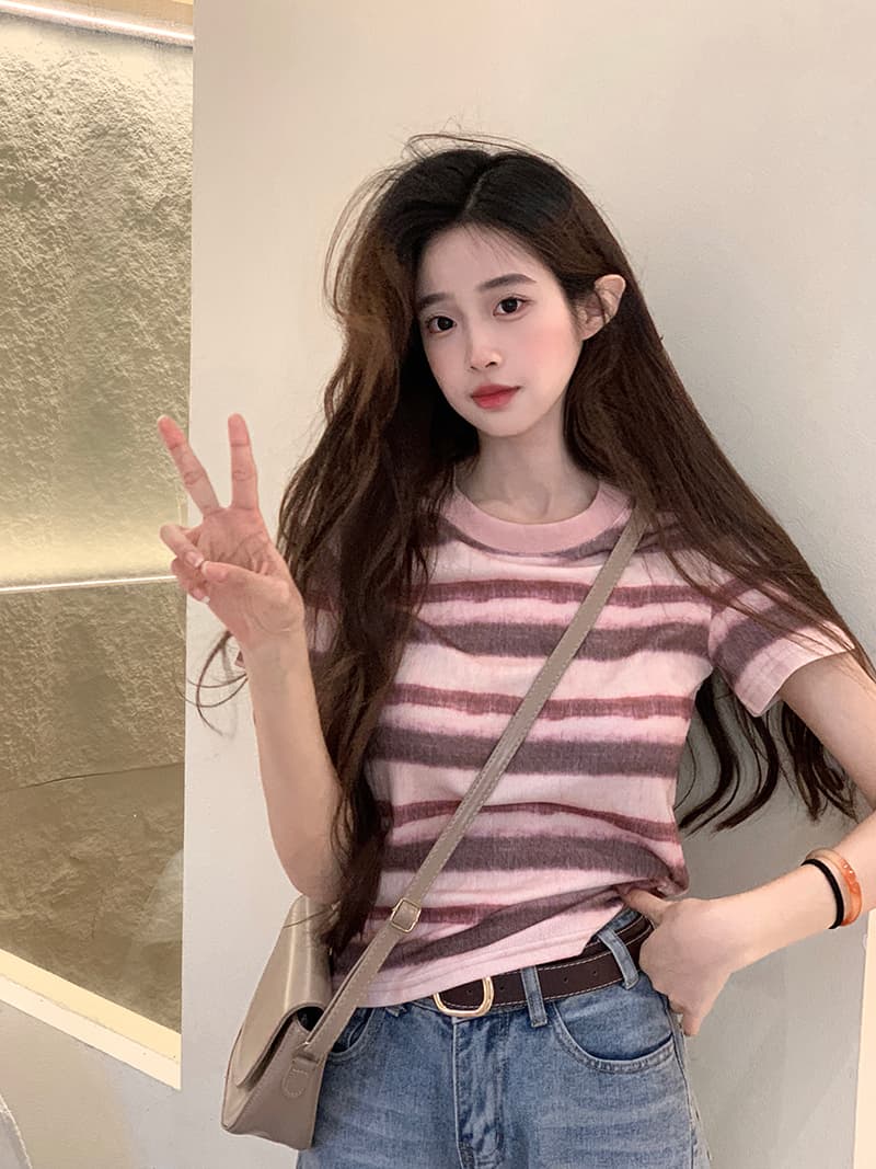 실사 220 그램 원본 원단 스트라이프 반팔 티셔츠 여름 2026 트렌디 긍정적 인 어깨 몸매 가꾸기 쇼트 스타일 라운드 넥 맨위 여성 의류 상세 이미지 18