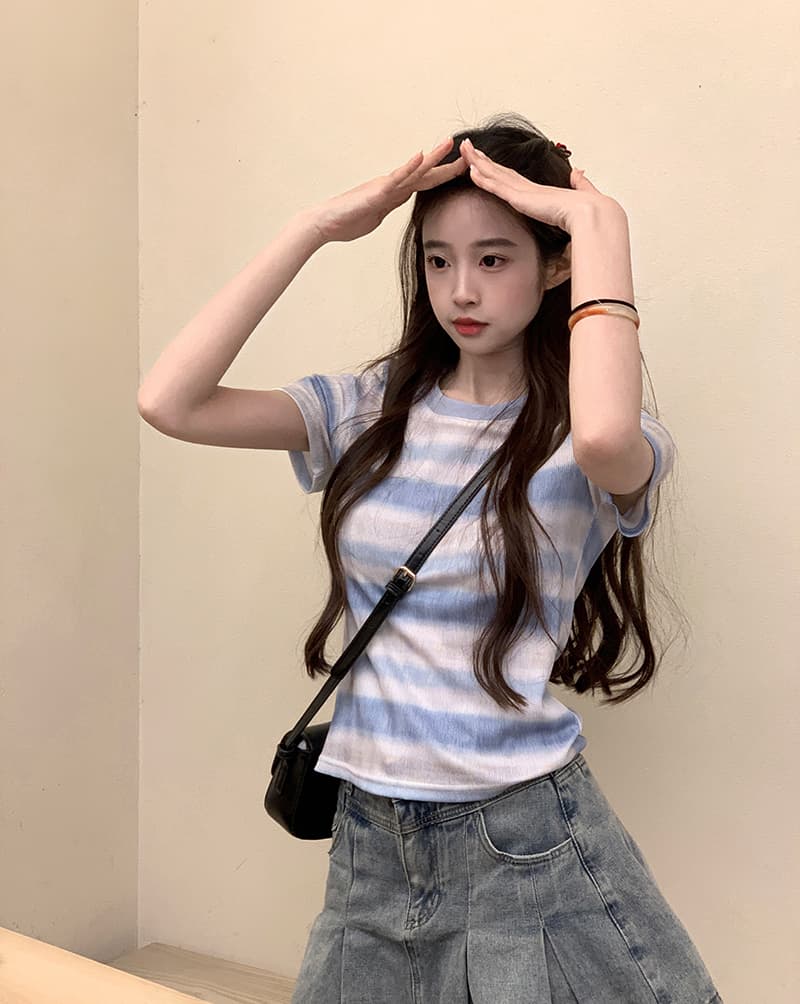 실사 220 그램 원본 원단 스트라이프 반팔 티셔츠 여름 2026 트렌디 긍정적 인 어깨 몸매 가꾸기 쇼트 스타일 라운드 넥 맨위 여성 의류 상세 이미지 24