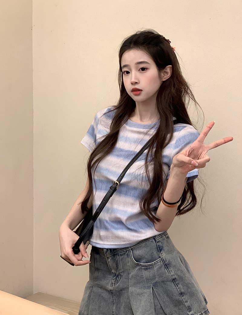 실사 220 그램 원본 원단 스트라이프 반팔 티셔츠 여름 2026 트렌디 긍정적 인 어깨 몸매 가꾸기 쇼트 스타일 라운드 넥 맨위 여성 의류 상세 이미지 25