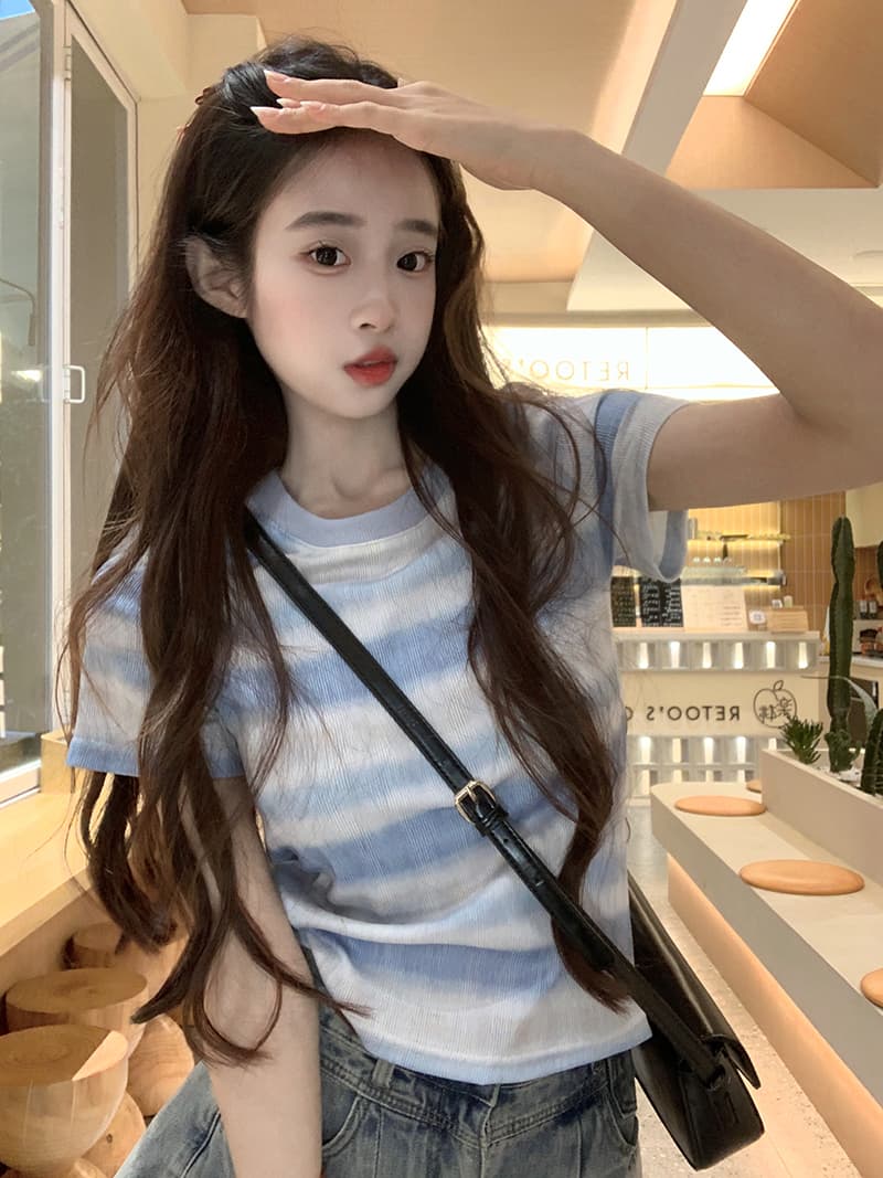 실사 220 그램 원본 원단 스트라이프 반팔 티셔츠 여름 2026 트렌디 긍정적 인 어깨 몸매 가꾸기 쇼트 스타일 라운드 넥 맨위 여성 의류 상세 이미지 28