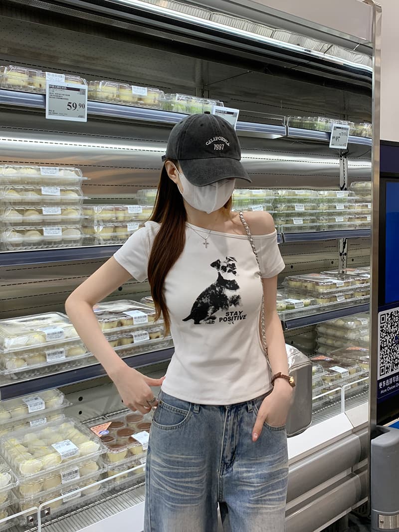 실사 특별 가격 1 1 순면 리브 220 그램 반팔 티셔츠 여성 여름 새로운 오프숄더 슬림해 보이는 한 부서 비스듬한 칼라 맨위 상세 이미지 12