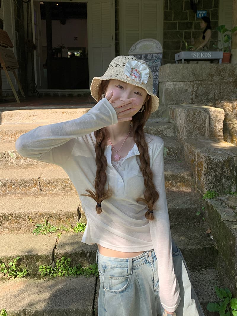 실사 자외선 차단 의류 긴팔 티셔츠 2026 여름 트렌디 단색 레이스 쇼트 스타일 몸매 가꾸기 라운드 넥 맨위 한국 스타일 여성 의류 상세 이미지 15