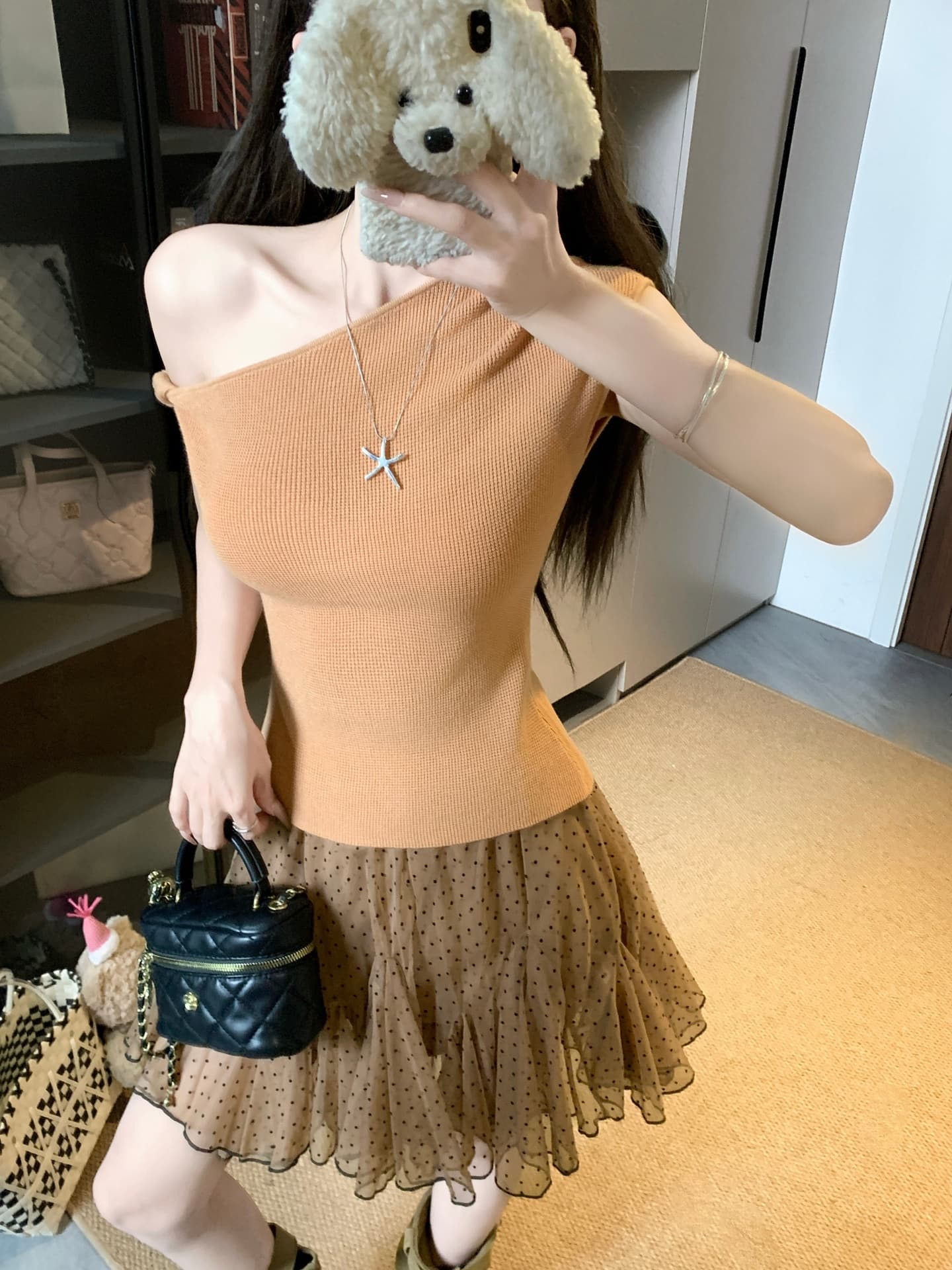 물건 가져 오기 ~까지 Daxi 하오 b03c 한 부서 비스듬한 어깨 비틀림 디자인 보트넥 니트 맨위 도트 무늬 반신 스커트 상세 이미지 11