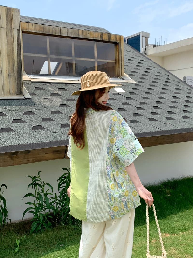 실사 정가 레트로 배색 패치워크 프린트 여성 셔츠 2025 여름 분위기 센스 Chic 캐주얼 루즈핏 상세 이미지 8