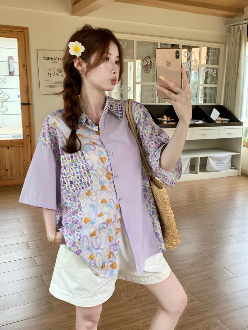 실사 정가 레트로 배색 패치워크 프린트 여성 셔츠 2025 여름 분위기 센스 Chic 캐주얼 루즈핏 상세 이미지 14