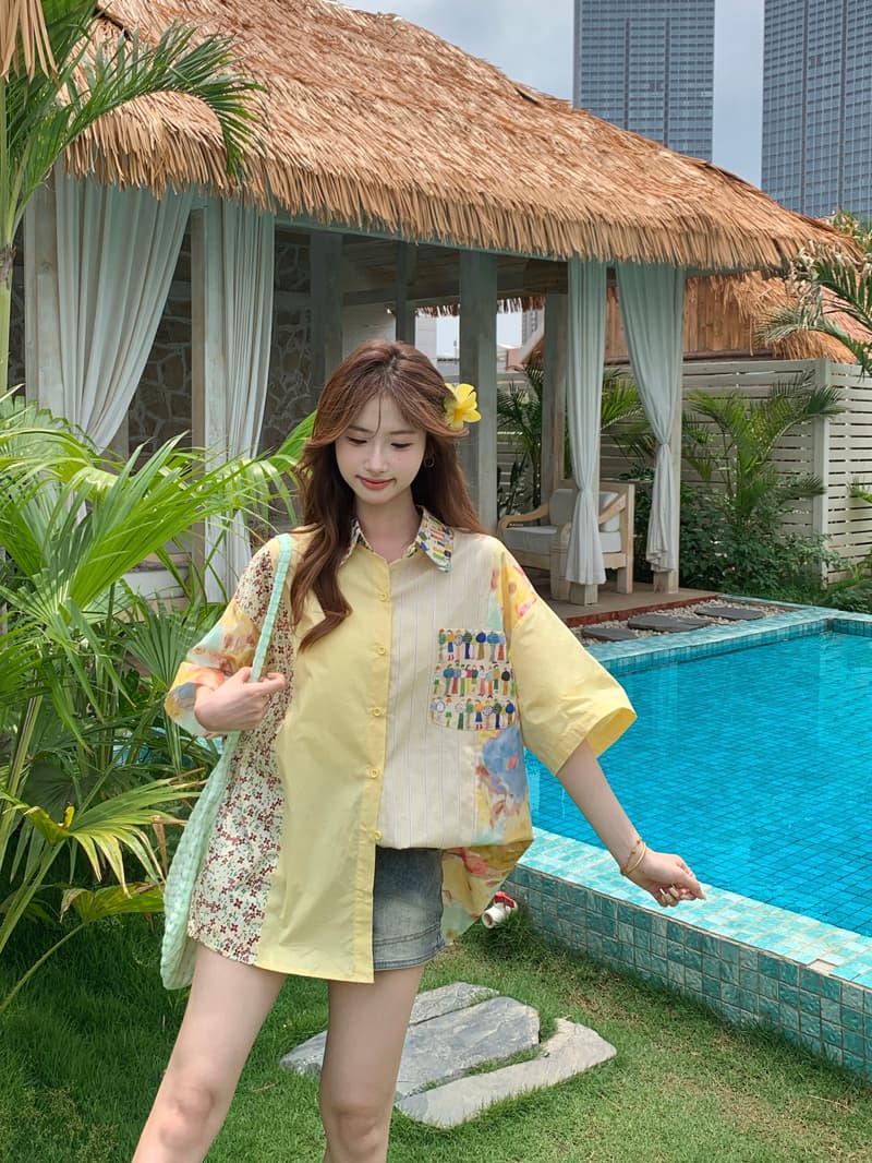 실사 정가 레트로 배색 패치워크 프린트 여성 셔츠 2025 여름 분위기 센스 Chic 캐주얼 루즈핏 상세 이미지 31