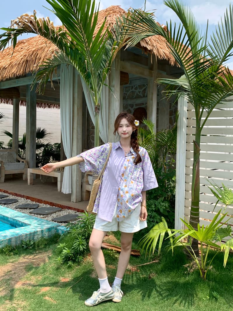 실사 정가 레트로 배색 패치워크 프린트 여성 셔츠 2025 여름 분위기 센스 Chic 캐주얼 루즈핏 상세 이미지 38