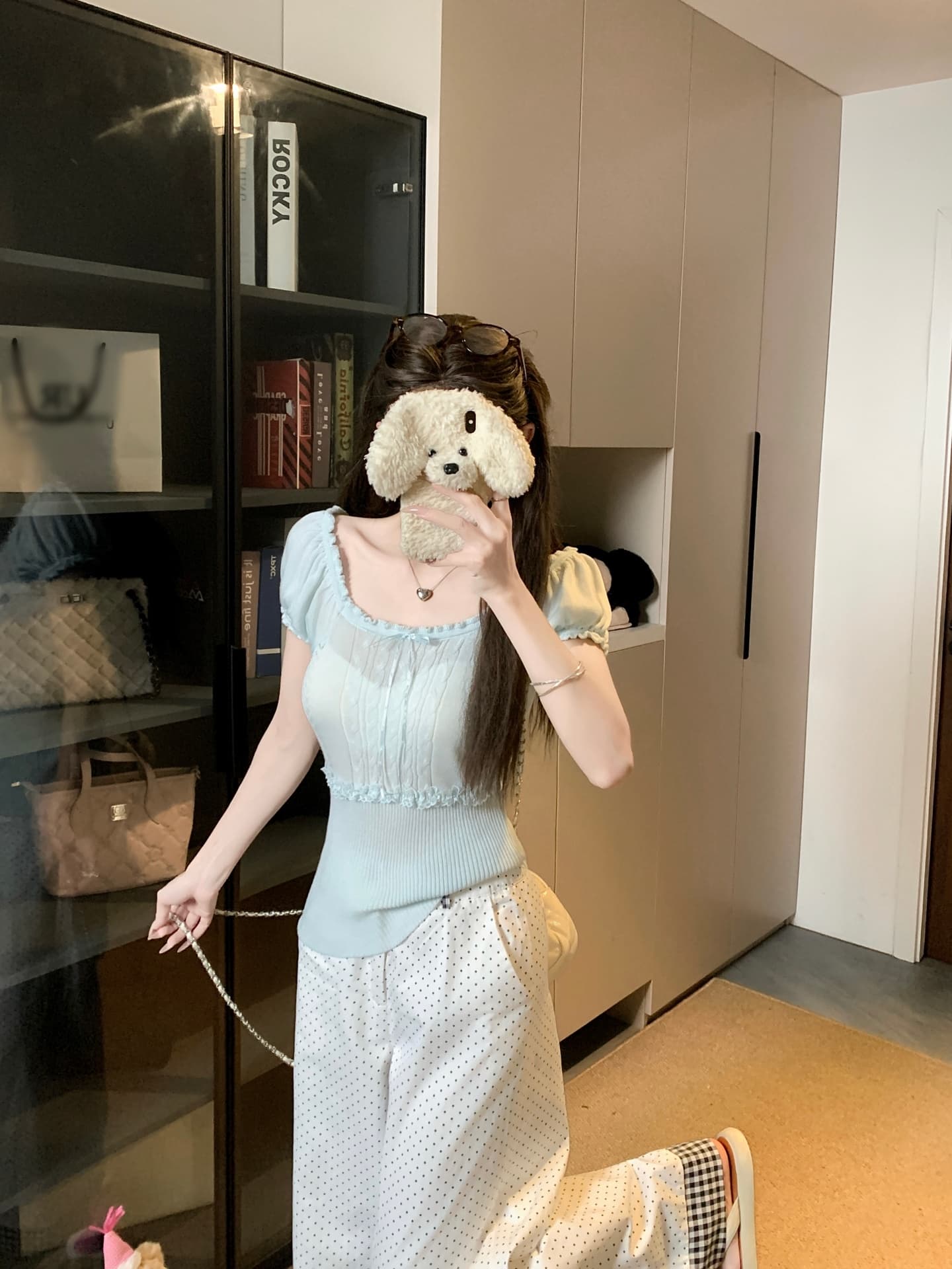 물건 가져 오기 ~까지 Daxi 하오 b03c 한 부서 여름 달콤함 레이스 패치워크 레이스 광장 칼라 다용도 니트 반팔 맨위 상세 이미지 4