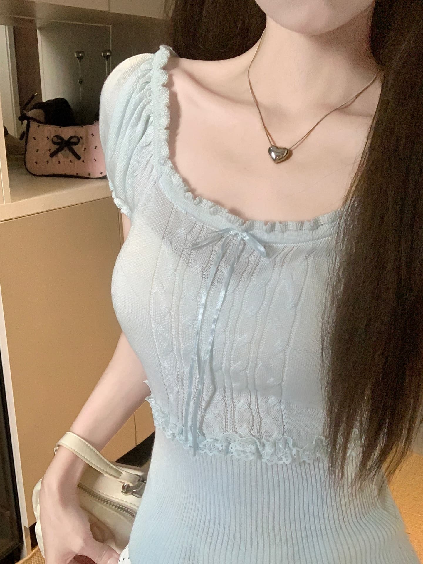 물건 가져 오기 ~까지 Daxi 하오 b03c 한 부서 여름 달콤함 레이스 패치워크 레이스 광장 칼라 다용도 니트 반팔 맨위 상세 이미지 7