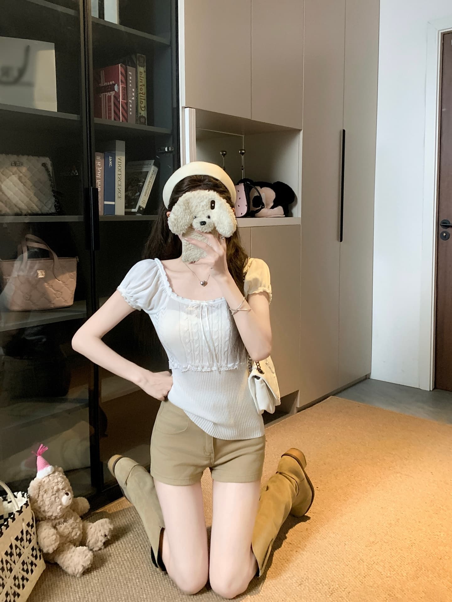 물건 가져 오기 ~까지 Daxi 하오 b03c 한 부서 여름 달콤함 레이스 패치워크 레이스 광장 칼라 다용도 니트 반팔 맨위 상세 이미지 19