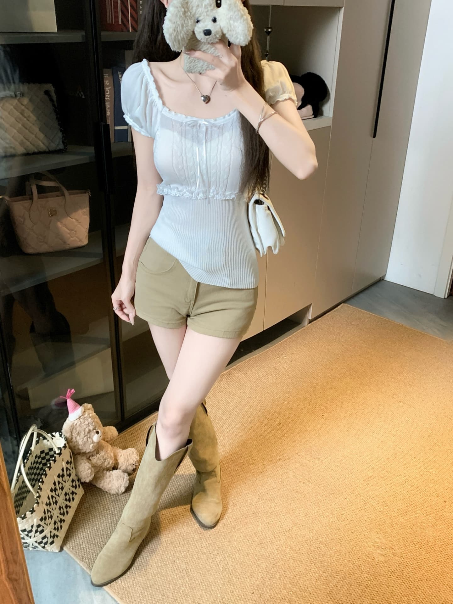 물건 가져 오기 ~까지 Daxi 하오 b03c 한 부서 여름 달콤함 레이스 패치워크 레이스 광장 칼라 다용도 니트 반팔 맨위 상세 이미지 24
