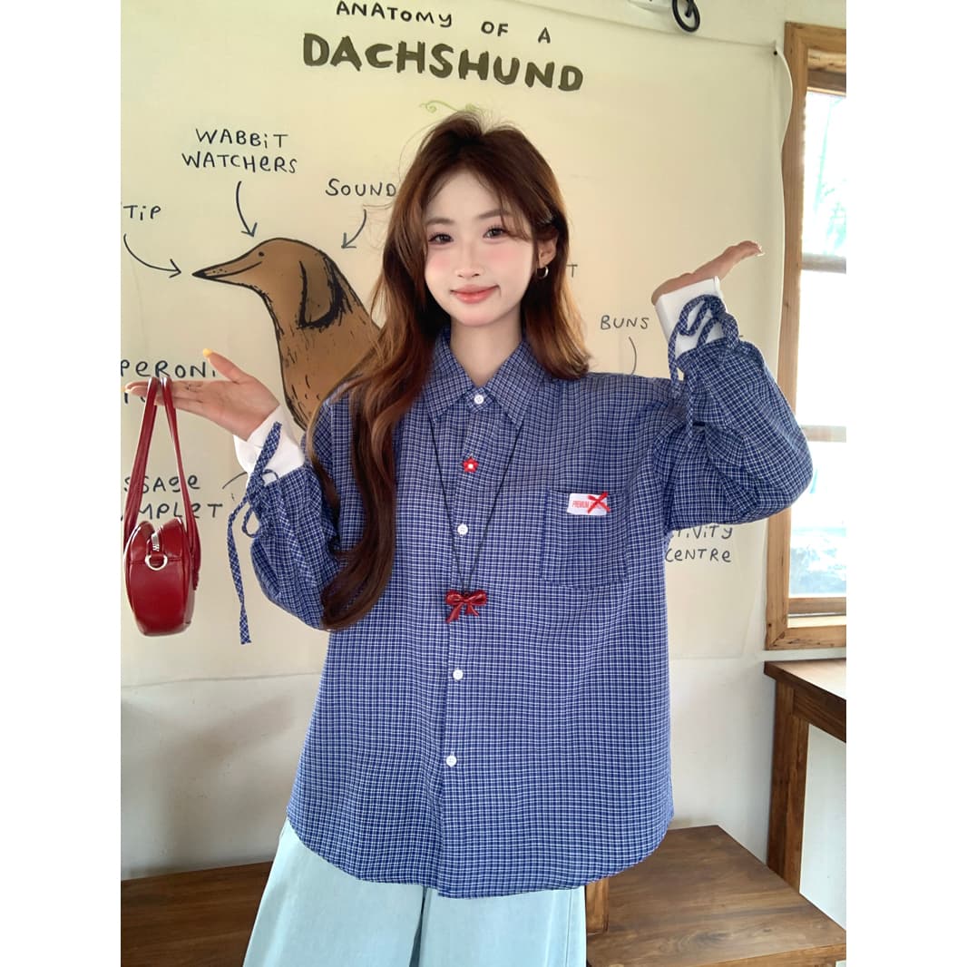 한 부서 레트로 학원 스타일 파란색 체크무늬 여성 셔츠 2025 봄 루즈핏 디자인 Chic 스트랩 긴팔 맨위 이미지 2