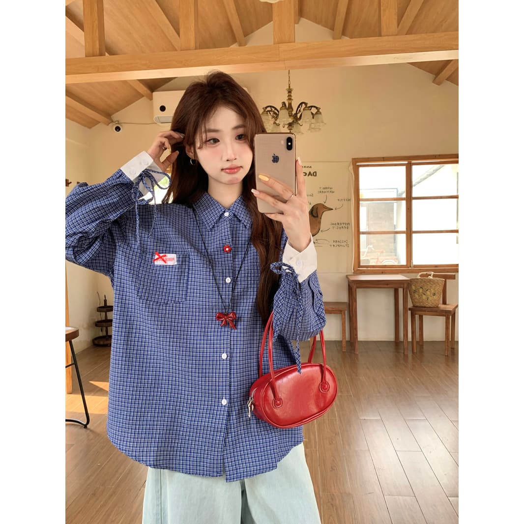 한 부서 레트로 학원 스타일 파란색 체크무늬 여성 셔츠 2025 봄 루즈핏 디자인 Chic 스트랩 긴팔 맨위 이미지 4