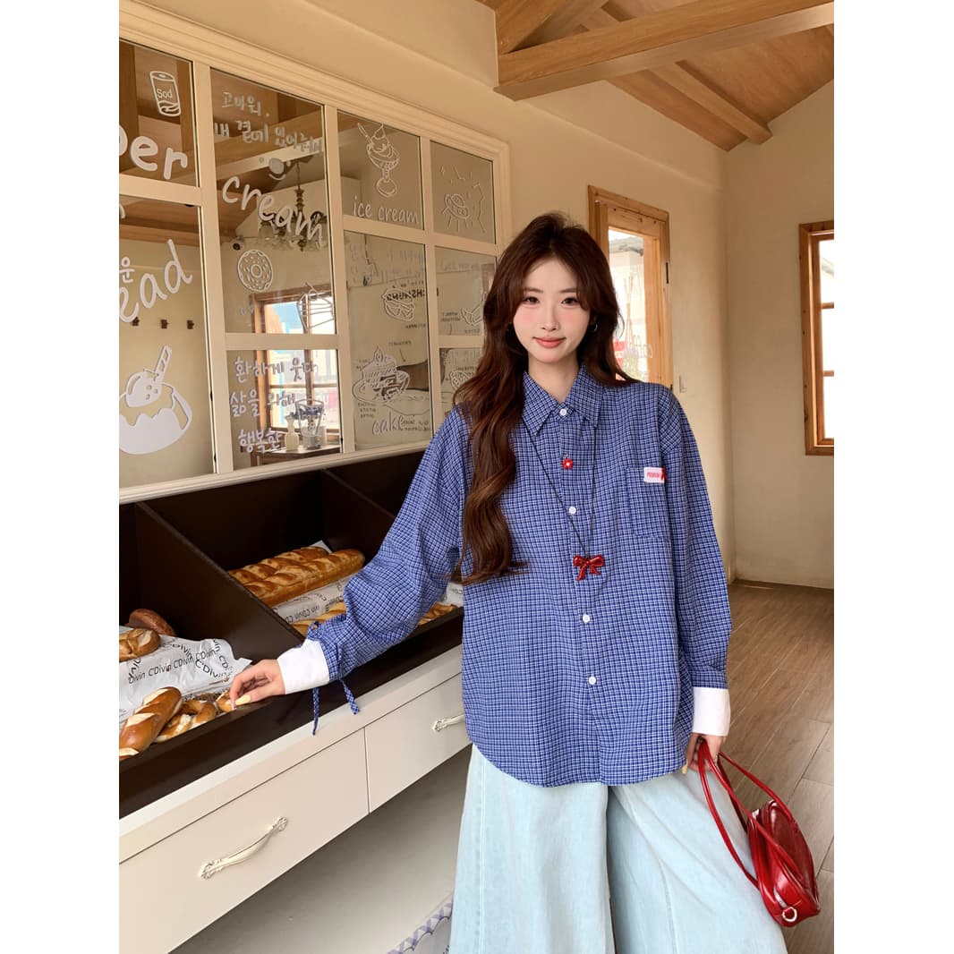 한 부서 레트로 학원 스타일 파란색 체크무늬 여성 셔츠 2025 봄 루즈핏 디자인 Chic 스트랩 긴팔 맨위 이미지 3