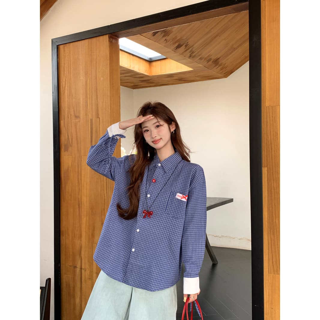 한 부서 레트로 학원 스타일 파란색 체크무늬 여성 셔츠 2025 봄 루즈핏 디자인 Chic 스트랩 긴팔 맨위 이미지 5
