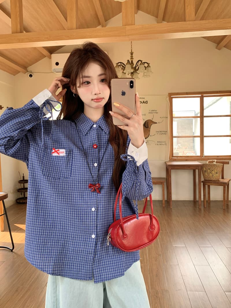 한 부서 레트로 학원 스타일 파란색 체크무늬 여성 셔츠 2025 봄 루즈핏 디자인 Chic 스트랩 긴팔 맨위 상세 이미지 2