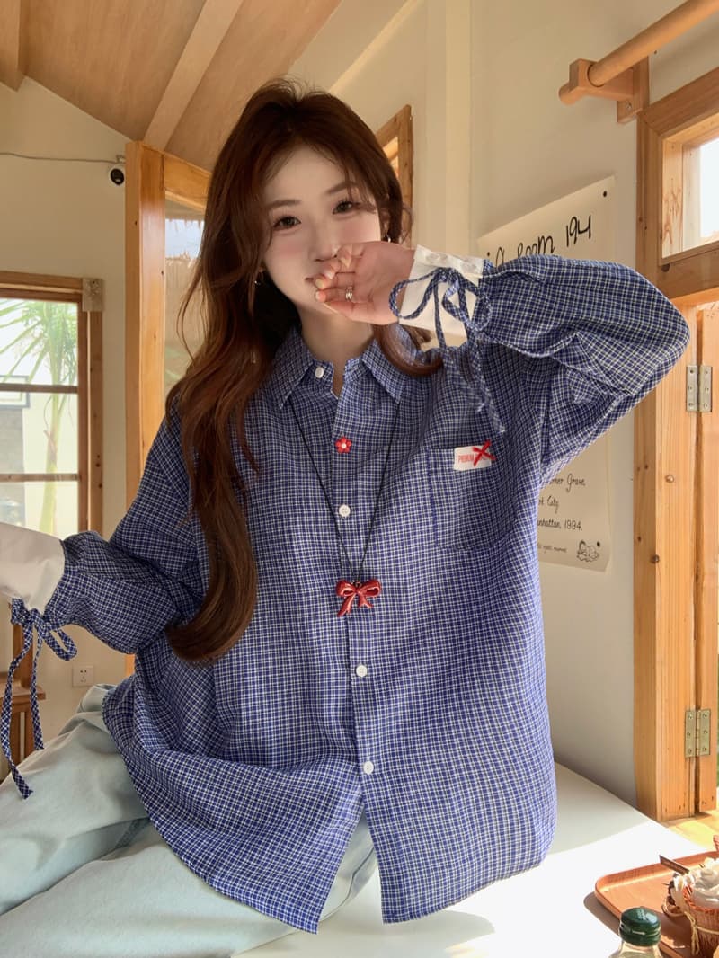 한 부서 레트로 학원 스타일 파란색 체크무늬 여성 셔츠 2025 봄 루즈핏 디자인 Chic 스트랩 긴팔 맨위 상세 이미지 4
