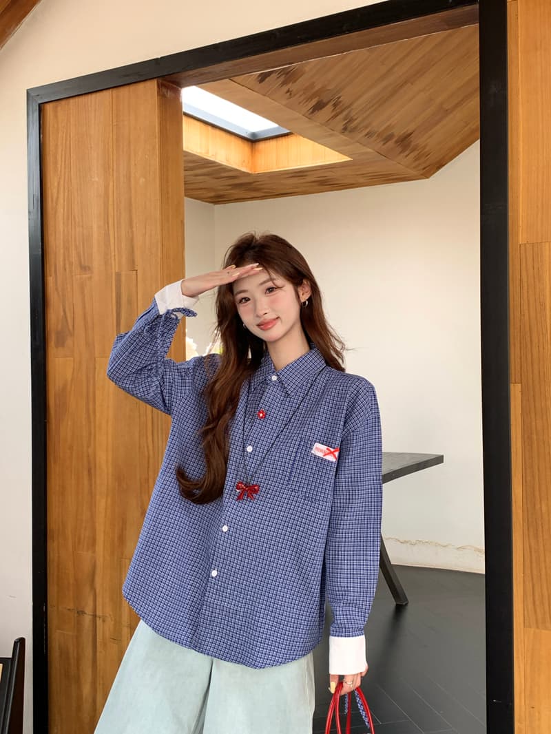 한 부서 레트로 학원 스타일 파란색 체크무늬 여성 셔츠 2025 봄 루즈핏 디자인 Chic 스트랩 긴팔 맨위 상세 이미지 5