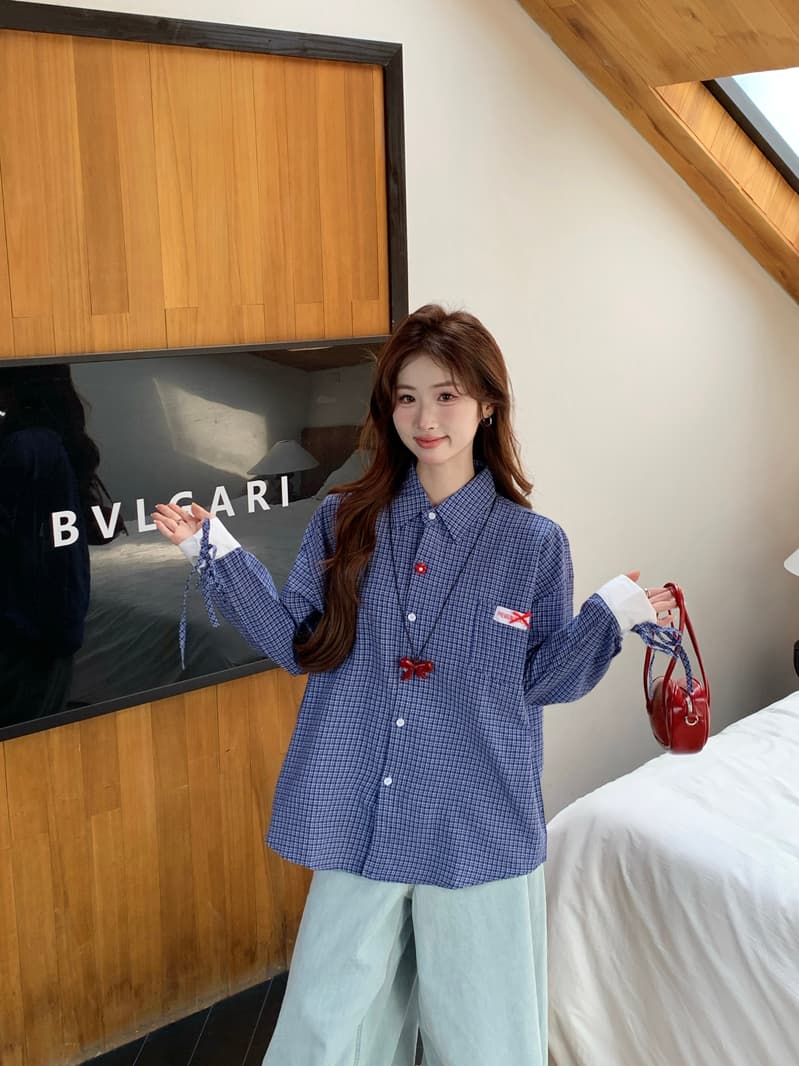 한 부서 레트로 학원 스타일 파란색 체크무늬 여성 셔츠 2025 봄 루즈핏 디자인 Chic 스트랩 긴팔 맨위 상세 이미지 6