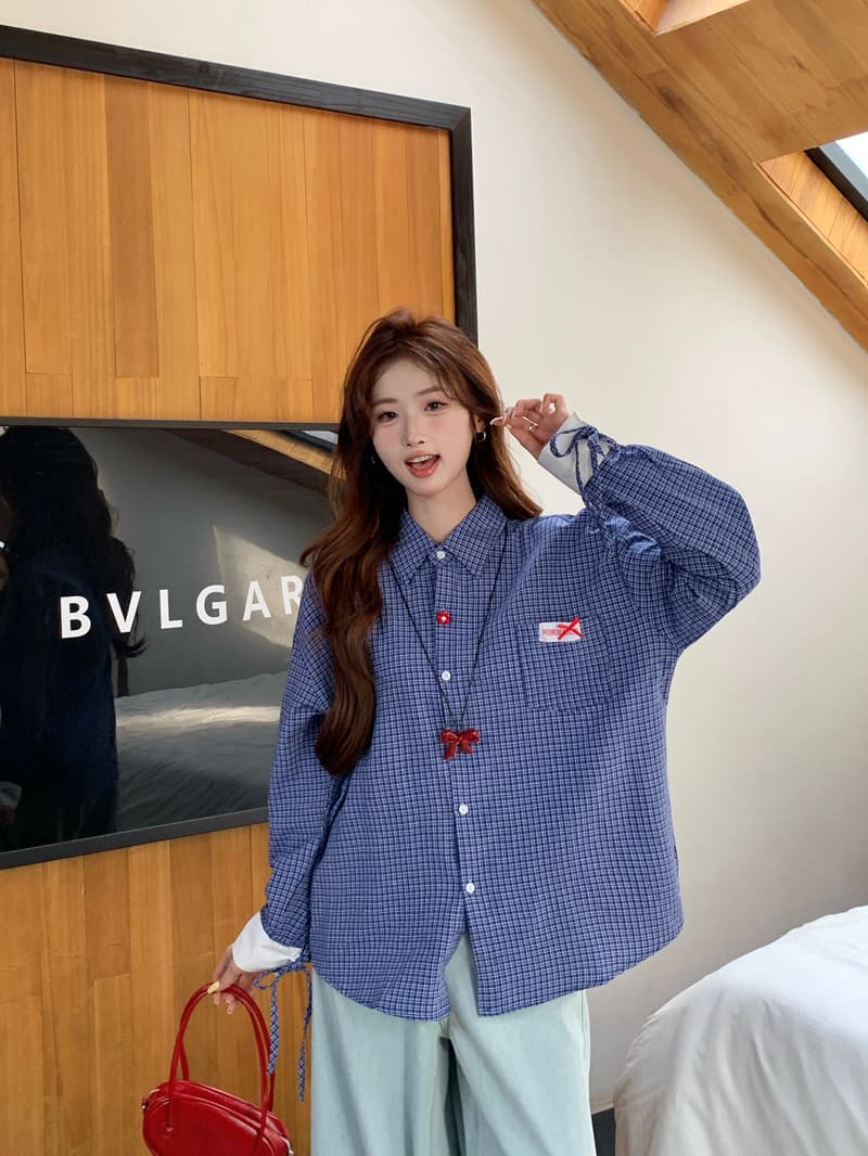 한 부서 레트로 학원 스타일 파란색 체크무늬 여성 셔츠 2025 봄 루즈핏 디자인 Chic 스트랩 긴팔 맨위 상세 이미지 7