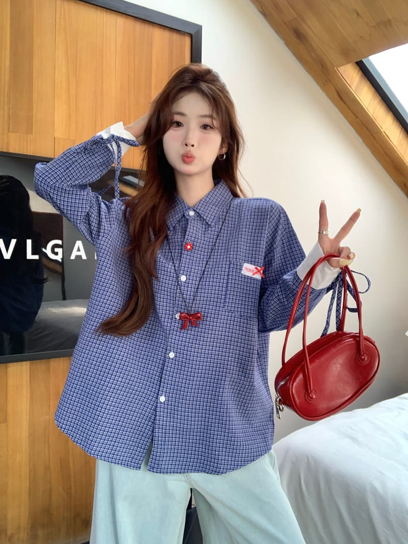 한 부서 레트로 학원 스타일 파란색 체크무늬 여성 셔츠 2025 봄 루즈핏 디자인 Chic 스트랩 긴팔 맨위 상세 이미지 8