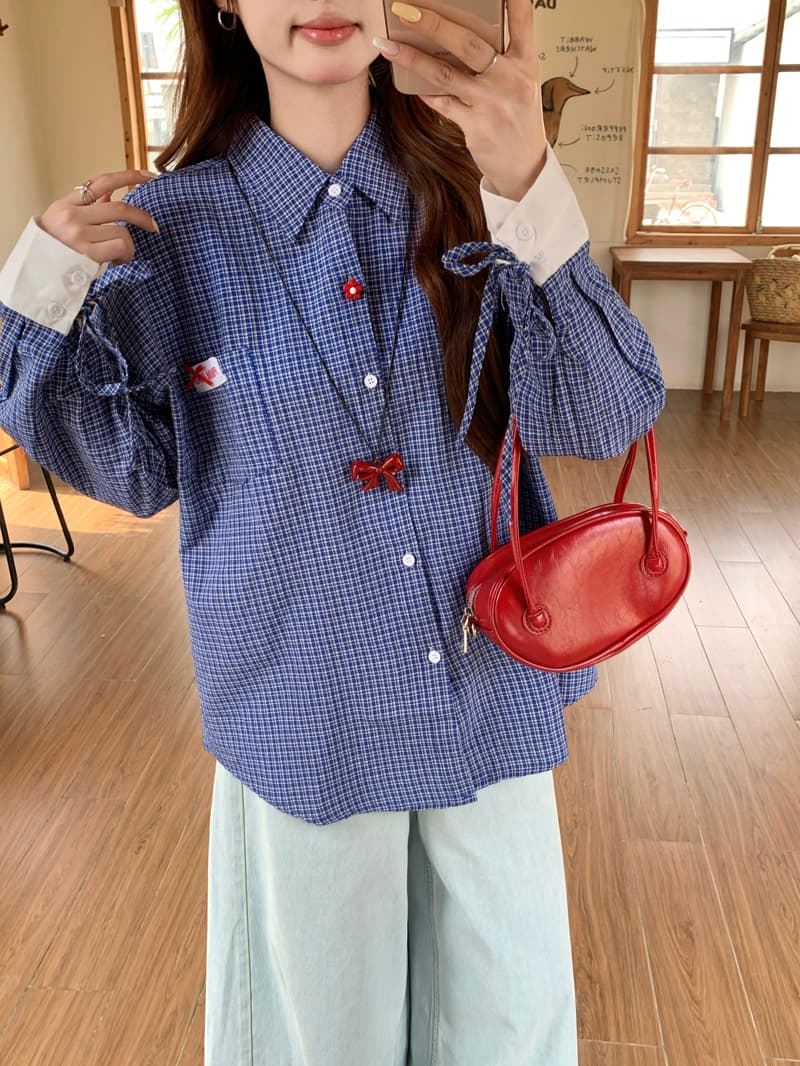 한 부서 레트로 학원 스타일 파란색 체크무늬 여성 셔츠 2025 봄 루즈핏 디자인 Chic 스트랩 긴팔 맨위 상세 이미지 9