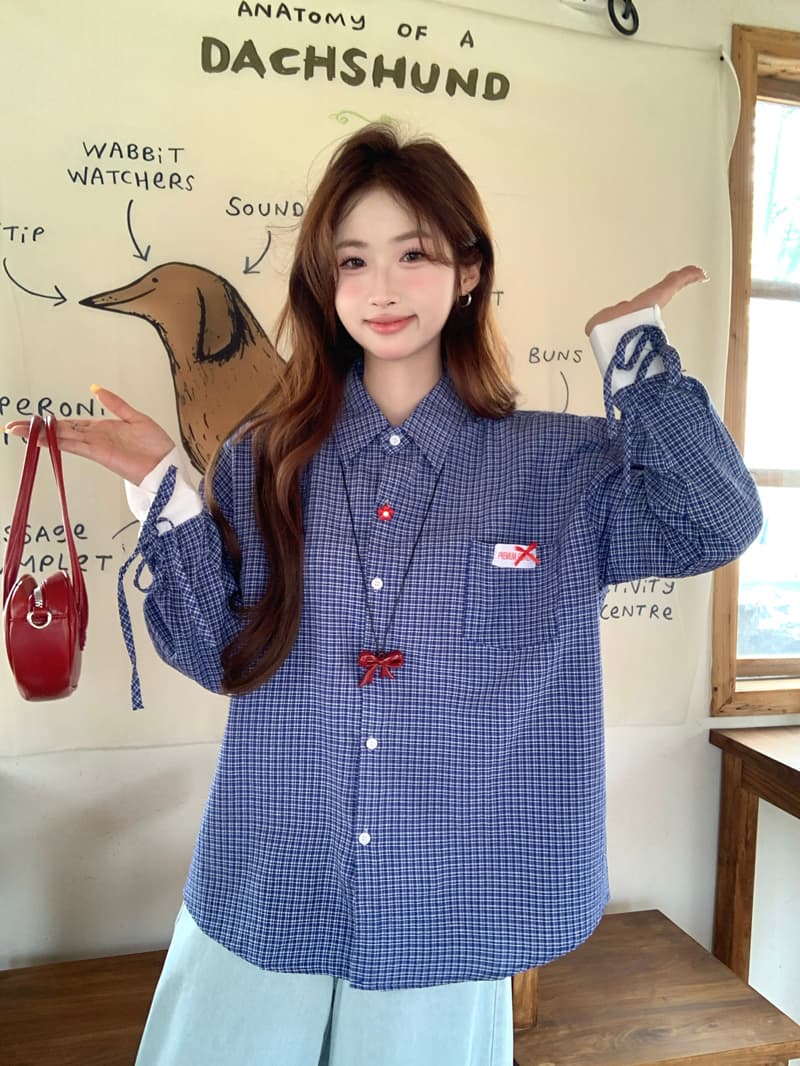 한 부서 레트로 학원 스타일 파란색 체크무늬 여성 셔츠 2025 봄 루즈핏 디자인 Chic 스트랩 긴팔 맨위 상세 이미지 10