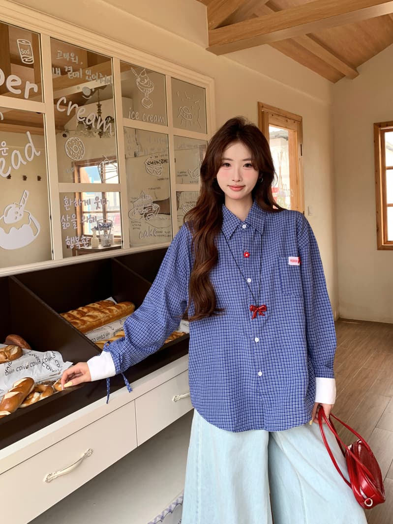 한 부서 레트로 학원 스타일 파란색 체크무늬 여성 셔츠 2025 봄 루즈핏 디자인 Chic 스트랩 긴팔 맨위 상세 이미지 11