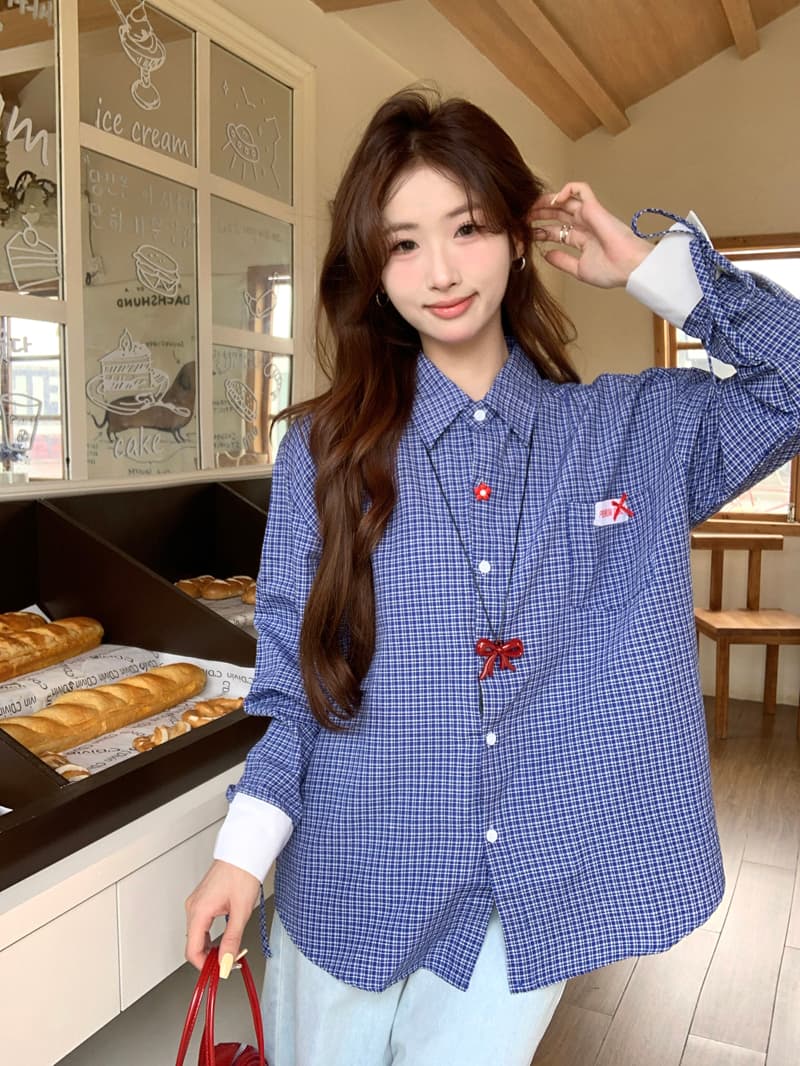한 부서 레트로 학원 스타일 파란색 체크무늬 여성 셔츠 2025 봄 루즈핏 디자인 Chic 스트랩 긴팔 맨위 상세 이미지 12