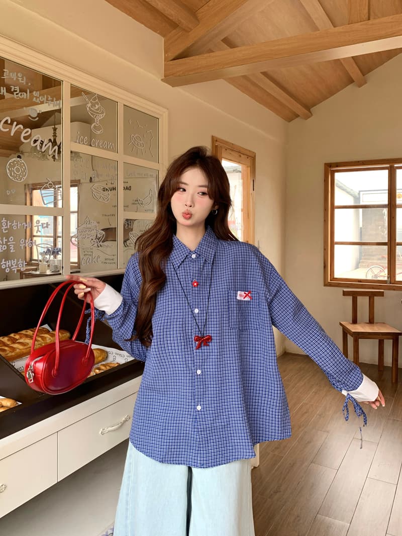 한 부서 레트로 학원 스타일 파란색 체크무늬 여성 셔츠 2025 봄 루즈핏 디자인 Chic 스트랩 긴팔 맨위 상세 이미지 13