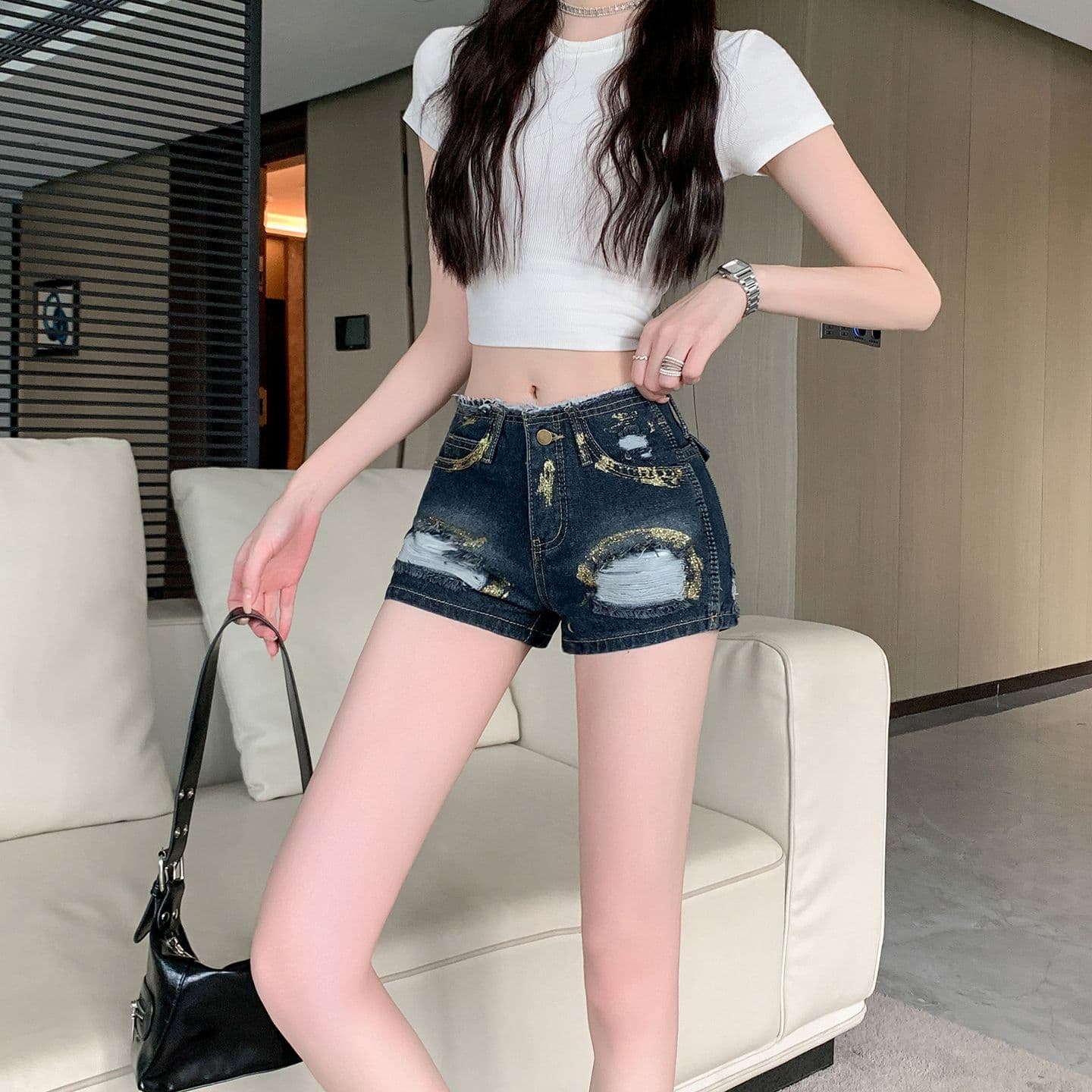 실사 정가 핫걸 로우 웨이스트 찢어진 부분 데님 반바지 여성 새로운 디자인 센스 타이트 슬림해 보이는 타이트 스커트 뜨거운 바지 상세 이미지 5