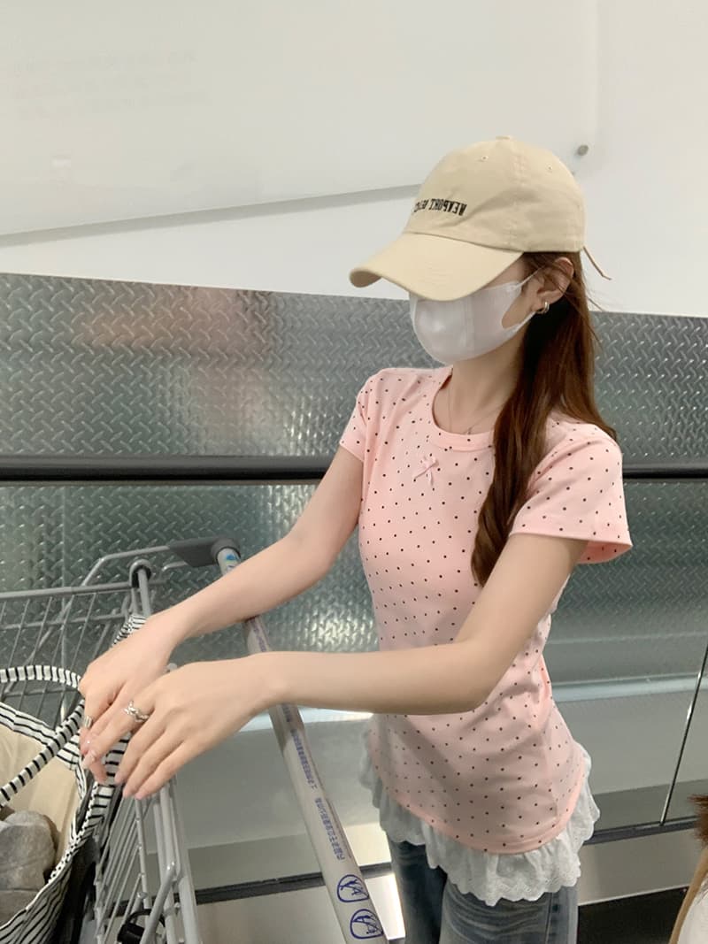 실사 특별 가격 반팔 티셔츠 여성 의류 여름 새로운 한 부서 나비 매듭 몸매 가꾸기 도트 무늬 레이스 밑단 라운드 넥 맨위 이미지 2