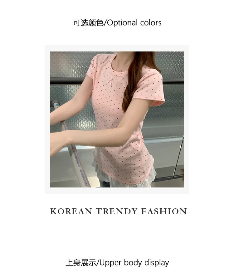 실사 특별 가격 반팔 티셔츠 여성 의류 여름 새로운 한 부서 나비 매듭 몸매 가꾸기 도트 무늬 레이스 밑단 라운드 넥 맨위 상세 이미지 4