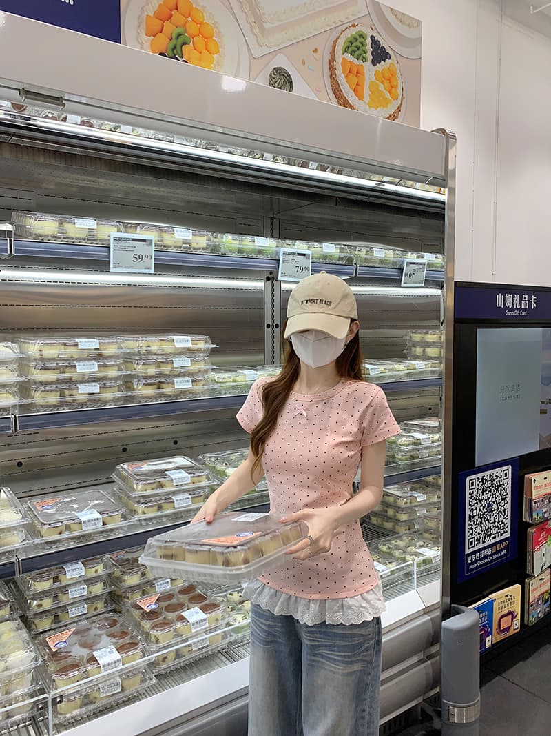 실사 특별 가격 반팔 티셔츠 여성 의류 여름 새로운 한 부서 나비 매듭 몸매 가꾸기 도트 무늬 레이스 밑단 라운드 넥 맨위 상세 이미지 7