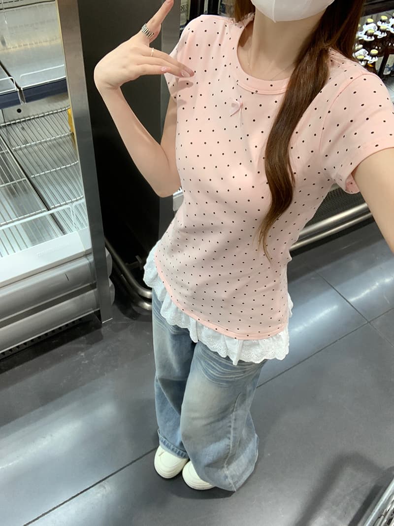 실사 특별 가격 반팔 티셔츠 여성 의류 여름 새로운 한 부서 나비 매듭 몸매 가꾸기 도트 무늬 레이스 밑단 라운드 넥 맨위 상세 이미지 10