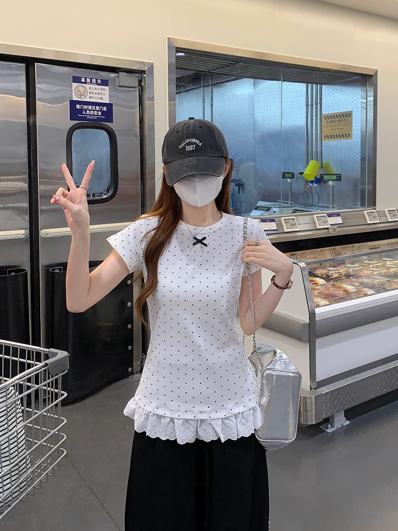 실사 특별 가격 반팔 티셔츠 여성 의류 여름 새로운 한 부서 나비 매듭 몸매 가꾸기 도트 무늬 레이스 밑단 라운드 넥 맨위 상세 이미지 15