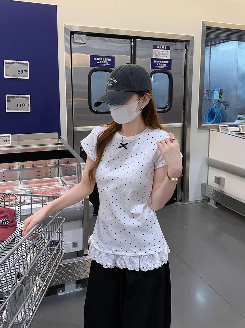 실사 특별 가격 반팔 티셔츠 여성 의류 여름 새로운 한 부서 나비 매듭 몸매 가꾸기 도트 무늬 레이스 밑단 라운드 넥 맨위 상세 이미지 16