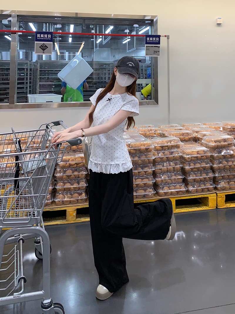 실사 특별 가격 반팔 티셔츠 여성 의류 여름 새로운 한 부서 나비 매듭 몸매 가꾸기 도트 무늬 레이스 밑단 라운드 넥 맨위 상세 이미지 19