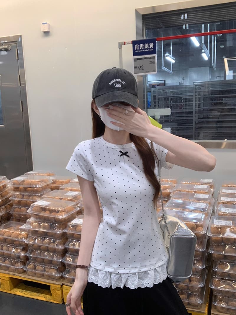 실사 특별 가격 반팔 티셔츠 여성 의류 여름 새로운 한 부서 나비 매듭 몸매 가꾸기 도트 무늬 레이스 밑단 라운드 넥 맨위 상세 이미지 21