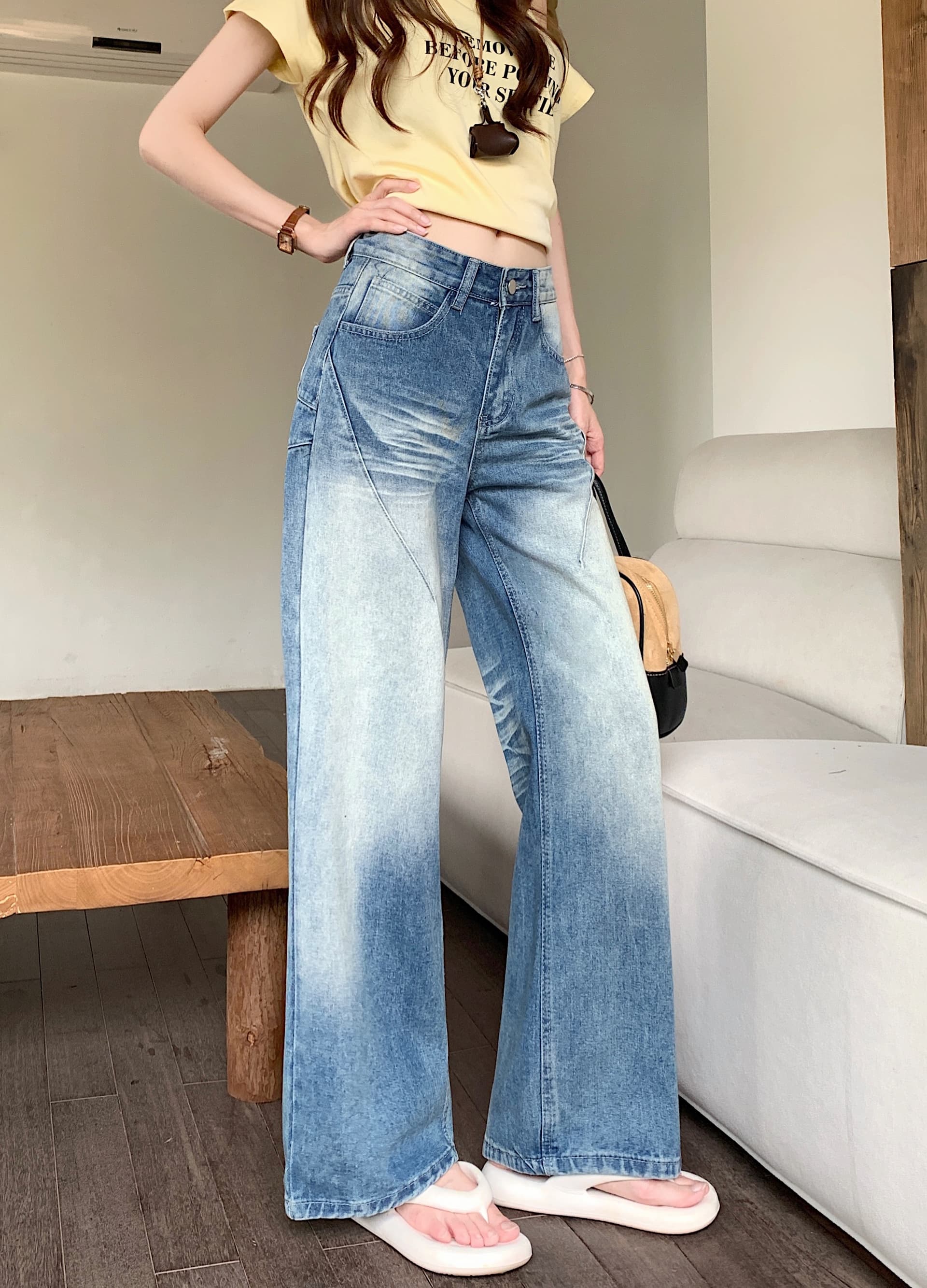 실사 아메리칸 레트로 고양이 반드시 곡물 워싱 블루 청바지 여성 cleanfit 스트레이트 넓은 다리 캐주얼 긴 바지 상세 이미지 14