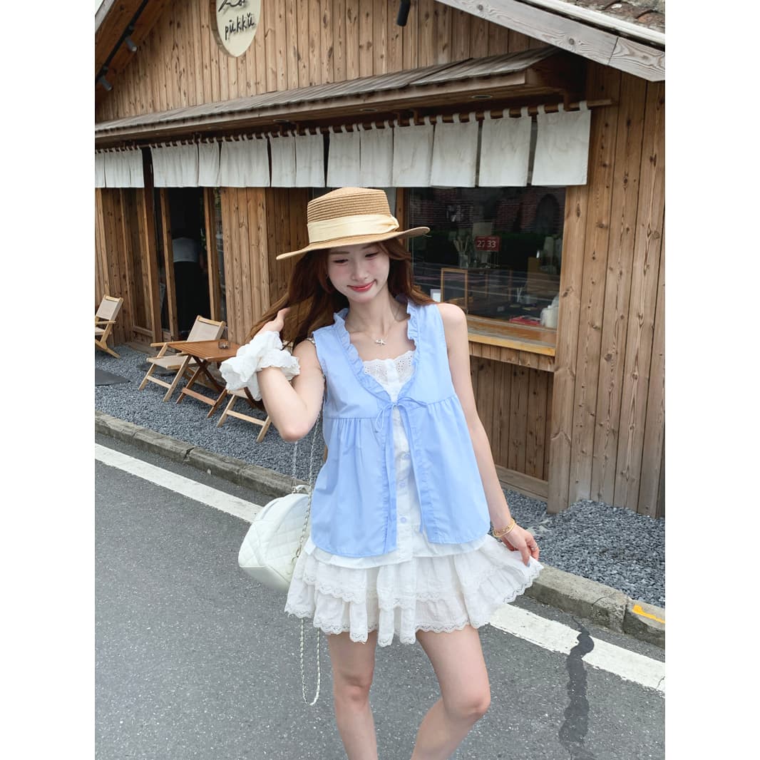 실사 정가 한 부서 달콤함 민소매 여성 셔츠 여름 Chic 디자인 센스 프릴 페이크 레이어드 맨위 이미지 4