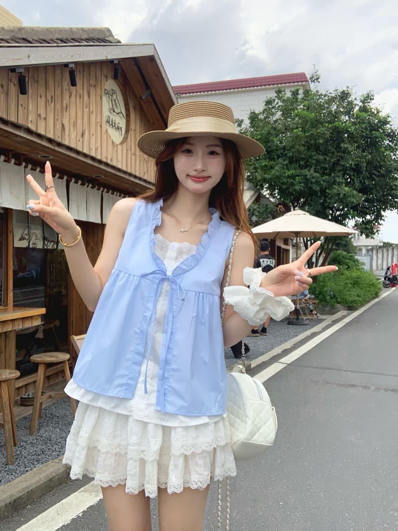 실사 정가 한 부서 달콤함 민소매 여성 셔츠 여름 Chic 디자인 센스 프릴 페이크 레이어드 맨위 상세 이미지 6