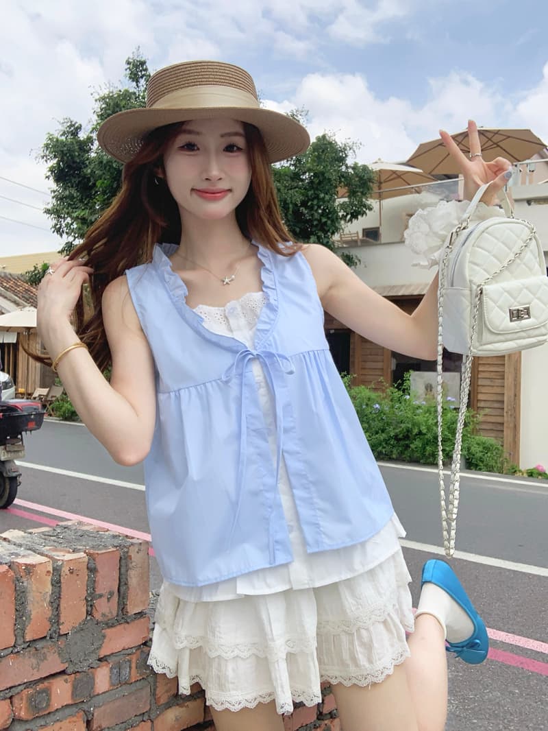 실사 정가 한 부서 달콤함 민소매 여성 셔츠 여름 Chic 디자인 센스 프릴 페이크 레이어드 맨위 상세 이미지 12