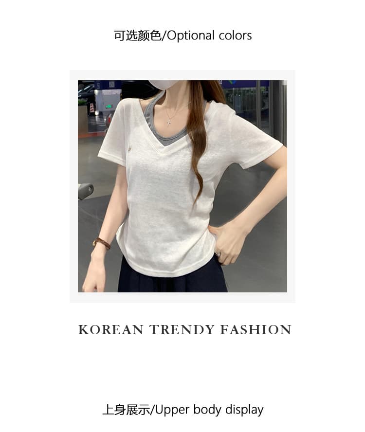 실사 정가 반팔 티셔츠 여성 의류 여름 새로운 트렌디 한 부서 디자인 센스 미니멀리즘 단색 페이크 레이어드 V넥 맨위 상세 이미지 4