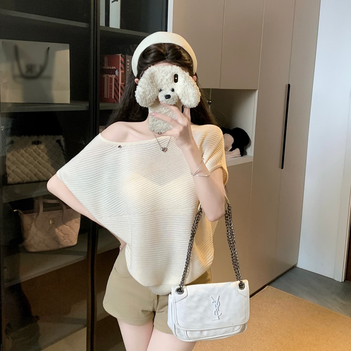 물건 가져 오기 ~까지 Daxi 하오 b03c 2026 년 여름 새로운 비스듬한 칼라 배트윙 소매 둘 착용 슬림해 보이는 니트 작은 셔츠 이미지 5